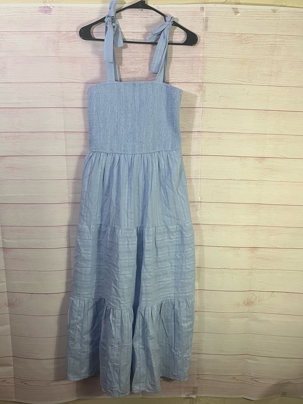 Merokeety Cotton Blue Tie Shoulder Straps Smocked Bodice Tier Maxi Dress Medium
